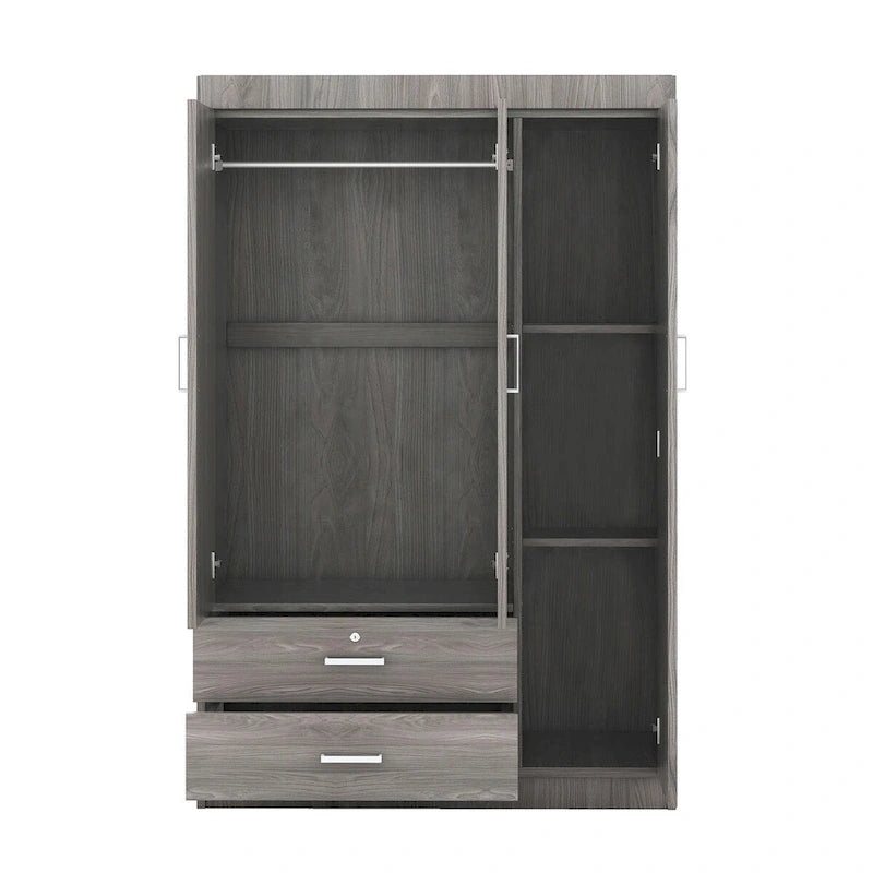 Armoire 3 portes blanc/gris avec tiroirs et étagères – À assembler par 2 personnes