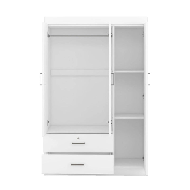 Armoire 3 portes blanc/gris avec tiroirs et étagères – À assembler par 2 personnes