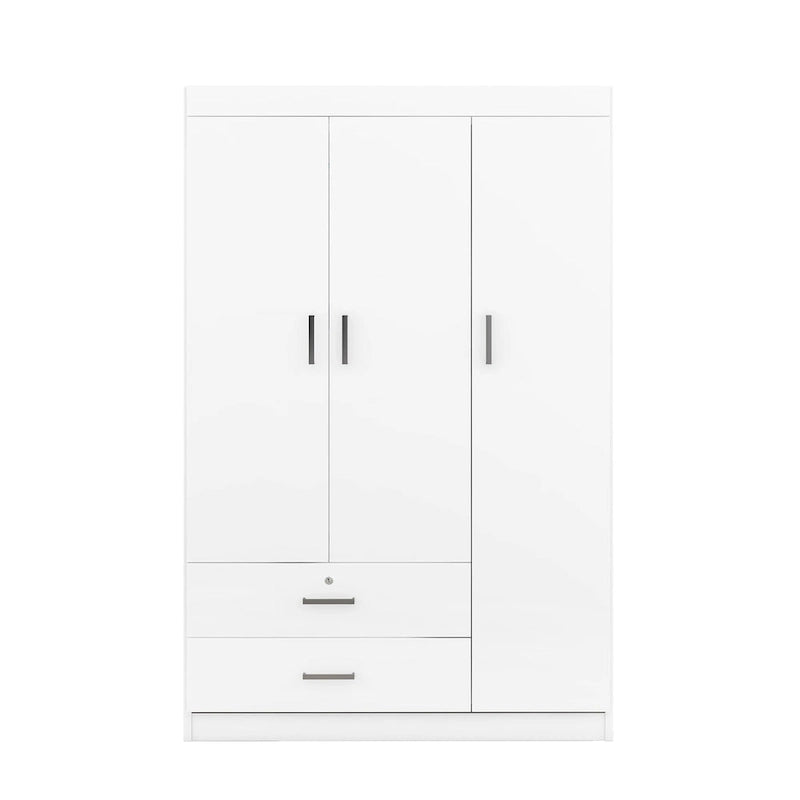 Armoire 3 portes blanc/gris avec tiroirs et étagères – À assembler par 2 personnes