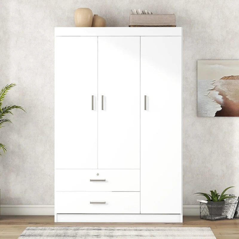 Armoire 3 portes blanc/gris avec tiroirs et étagères – À assembler par 2 personnes