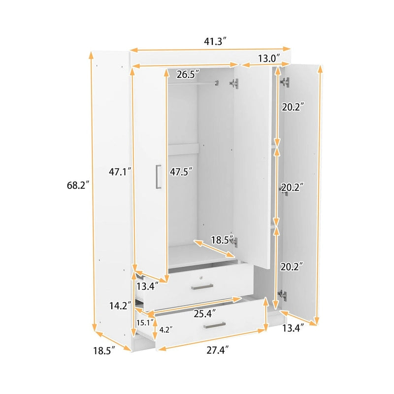 Armoire 3 portes blanc/gris avec tiroirs et étagères – À assembler par 2 personnes