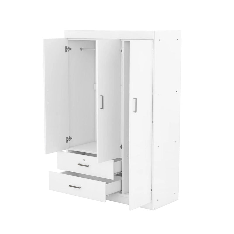 Armoire 3 portes blanc/gris avec tiroirs et étagères – À assembler par 2 personnes