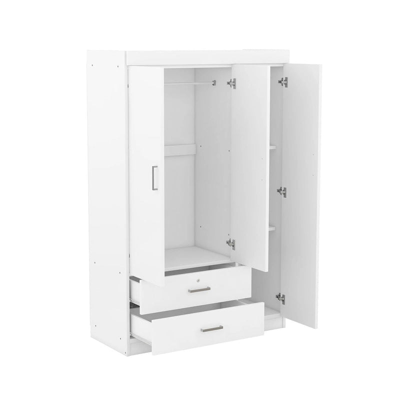 Armoire 3 portes blanc/gris avec tiroirs et étagères – À assembler par 2 personnes