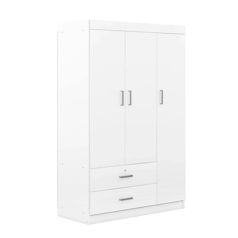 Armoire 3 portes blanc/gris avec tiroirs et étagères – À assembler par 2 personnes