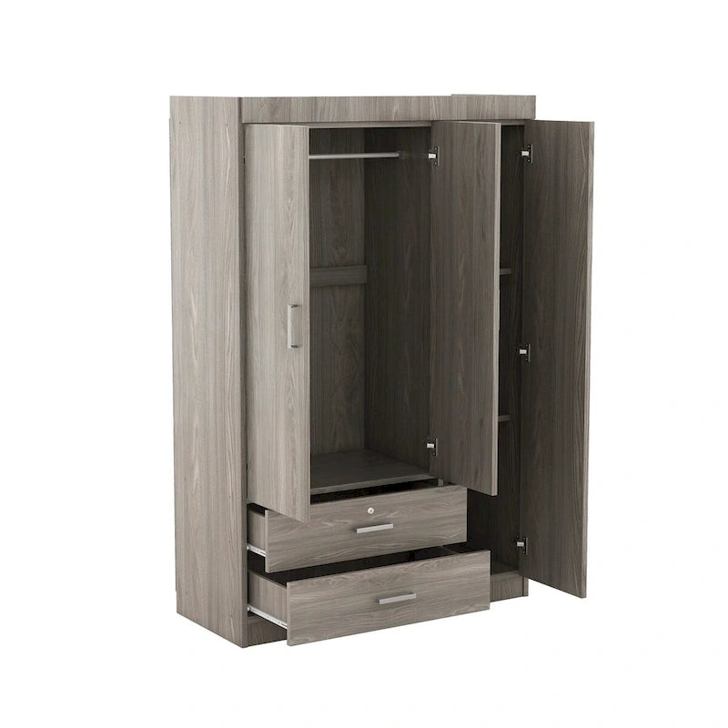 Armoire 3 portes blanc/gris avec tiroirs et étagères – À assembler par 2 personnes
