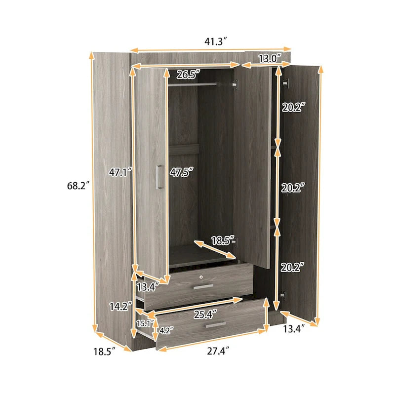 Armoire 3 portes blanc/gris avec tiroirs et étagères – À assembler par 2 personnes