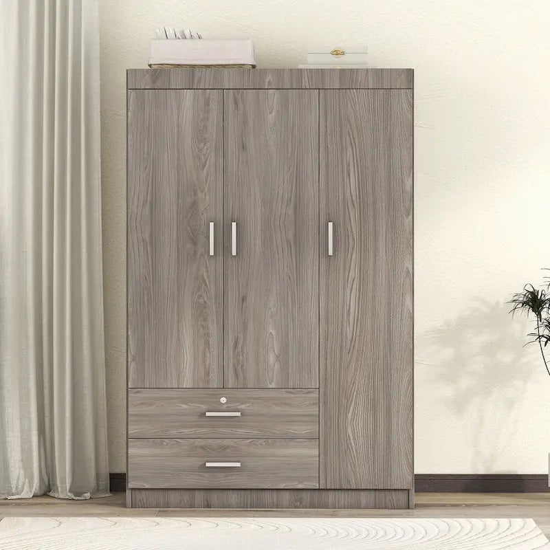 Armoire 3 portes blanc/gris avec tiroirs et étagères – À assembler par 2 personnes