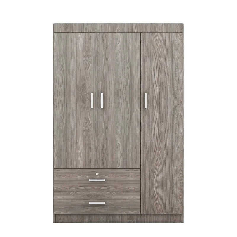 Armoire 3 portes blanc/gris avec tiroirs et étagères – À assembler par 2 personnes