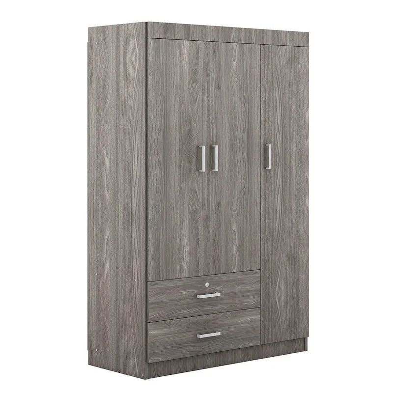 Armoire 3 portes blanc/gris avec tiroirs et étagères – À assembler par 2 personnes