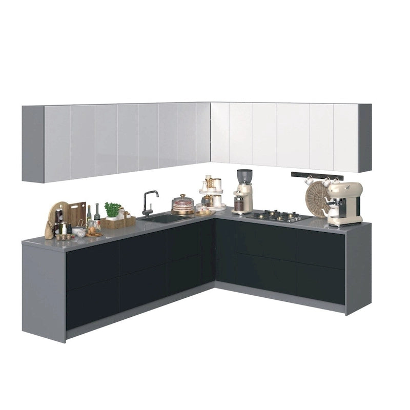 Ensemble d'armoires de cuisine modernes Noir / Argent / Blanc, 3 m de large (94×120)