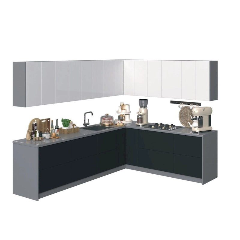 Ensemble d'armoires de cuisine modernes Noir / Argent / Blanc, 3 m de large (94×120)