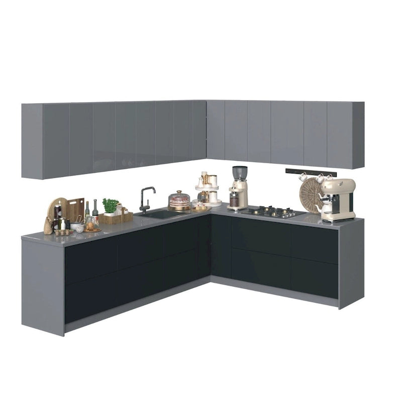 Ensemble d'armoires de cuisine modernes Noir / Argent / Blanc, 3 m de large (94×120)