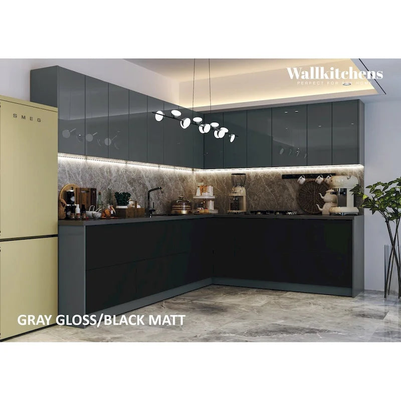 Ensemble d'armoires de cuisine modernes Noir / Argent / Blanc, 3 m de large (94×120)