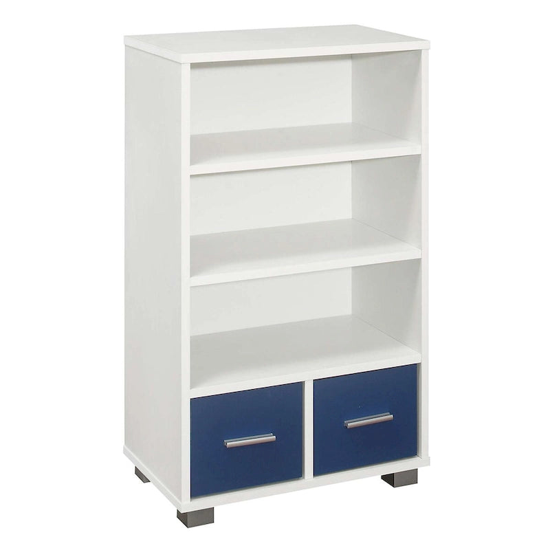 Bibliothèque 3 étagères 2 tiroirs Blanc/Bleu, Pour 1 utilisateur