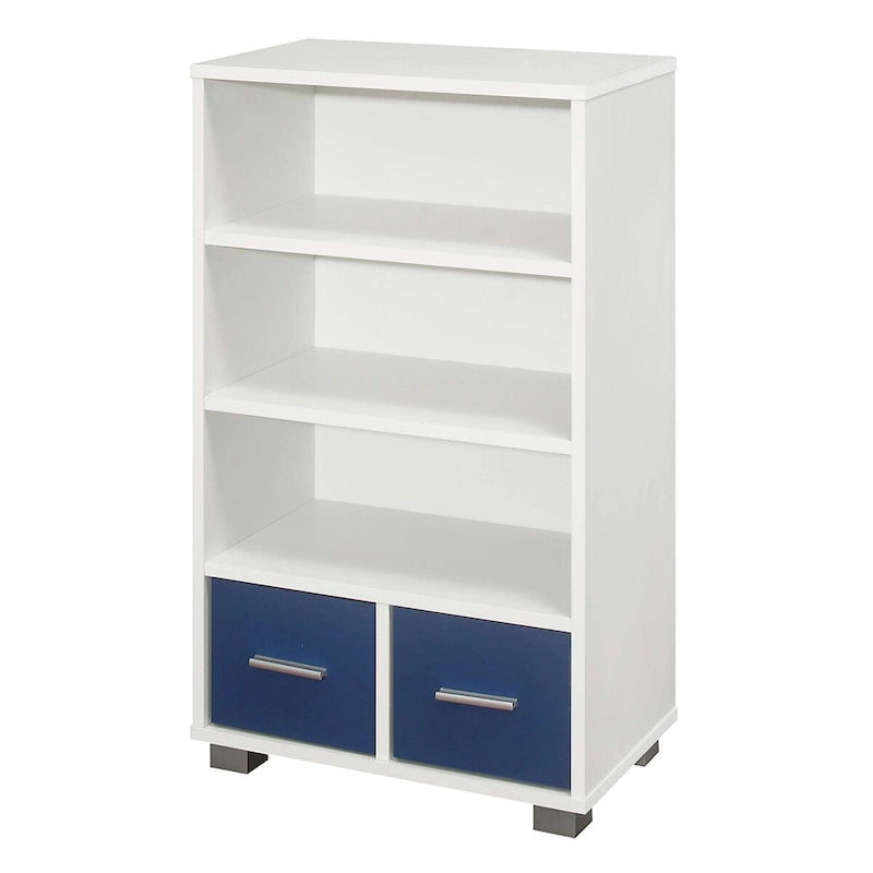 Bibliothèque 3 étagères 2 tiroirs Blanc/Bleu, Pour 1 utilisateur