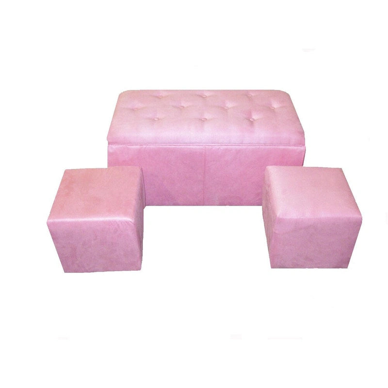 Banc de rangement rose en microfibre avec 2 poufs – Ensemble 3 pièces