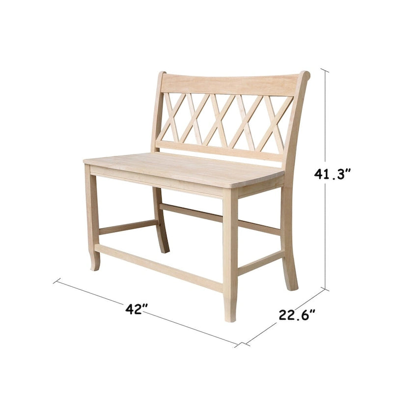 Banc en bois massif marron à dossier en X croisé – 2 places, hauteur d'assise 61 cm