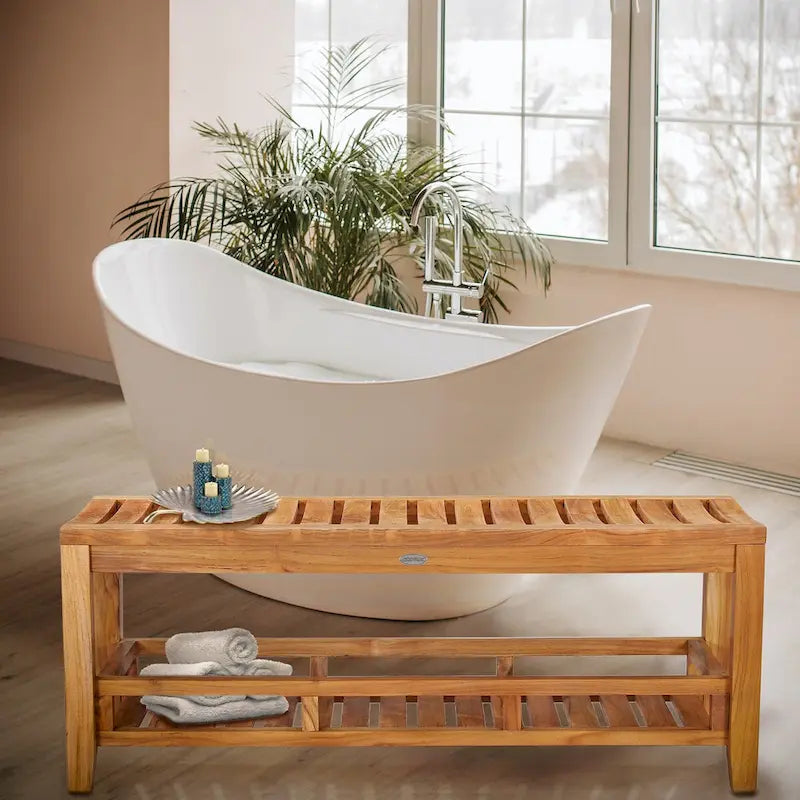 Banc de douche en teck miel avec étagère de rangement, 1 personne, 119 cm
