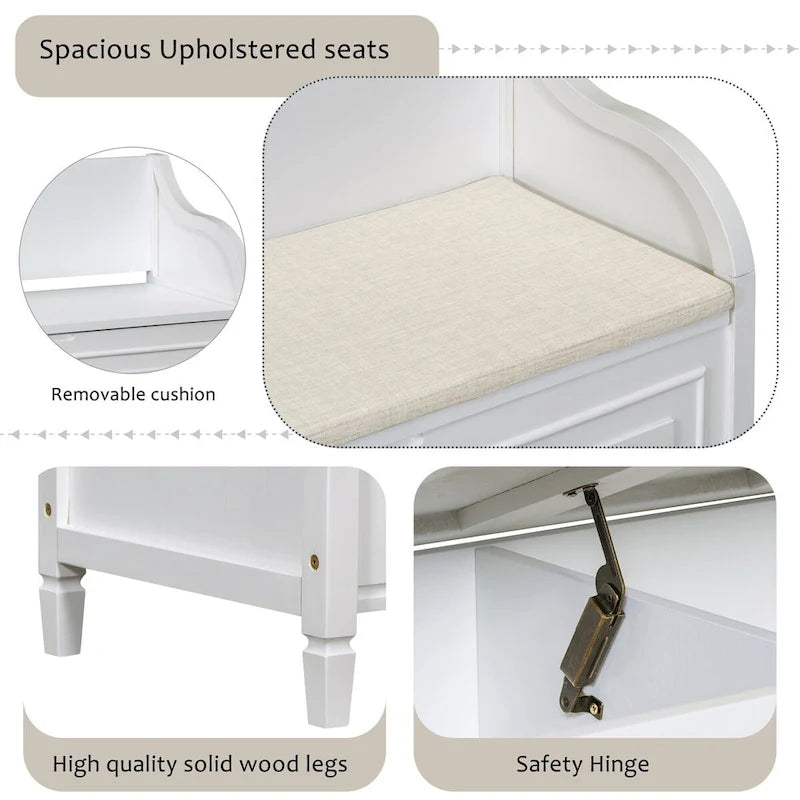 Banc de rangement en bois massif avec charnière de sécurité, 5 couleurs, 1 à 2 places