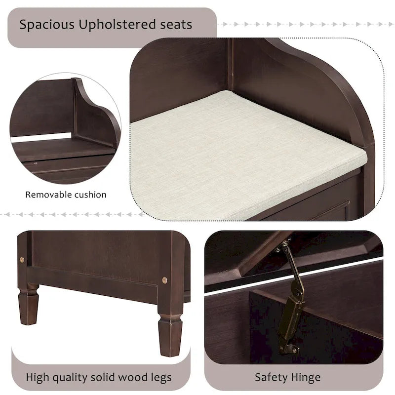 Banc de rangement en bois massif avec charnière de sécurité, 5 couleurs, 1 à 2 places