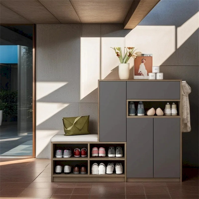 Banc de rangement pour chaussures, 2 places, dessus coussin gris foncé / blanc, peut contenir 15 à 20 paires