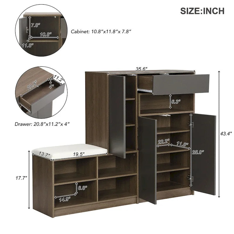 Banc de rangement pour chaussures, 2 places, dessus coussin gris foncé / blanc, peut contenir 15 à 20 paires