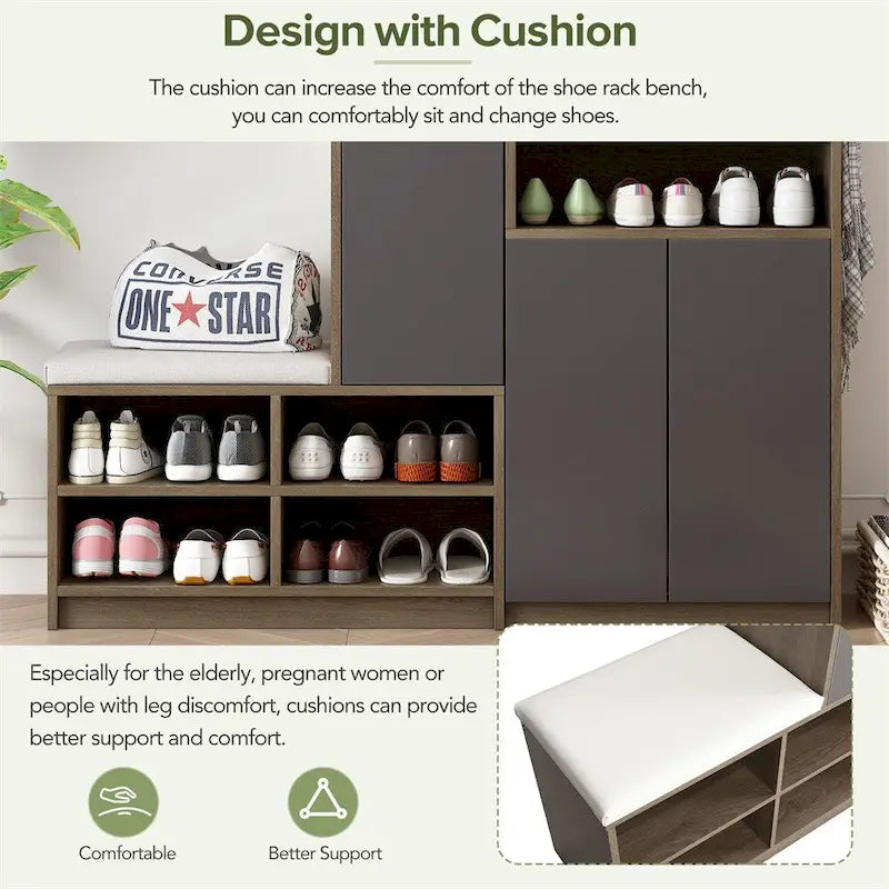 Banc de rangement pour chaussures, 2 places, dessus coussin gris foncé / blanc, peut contenir 15 à 20 paires