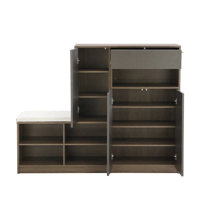 Banc de rangement pour chaussures, 2 places, dessus coussin gris foncé / blanc, peut contenir 15 à 20 paires