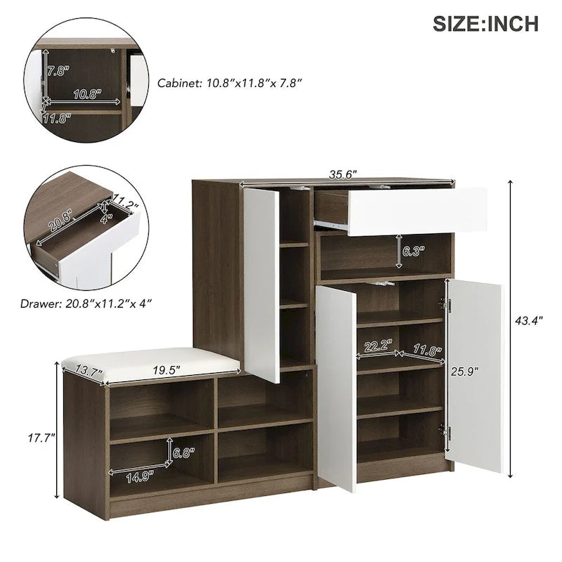 Banc de rangement pour chaussures, 2 places, dessus coussin gris foncé / blanc, peut contenir 15 à 20 paires