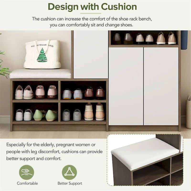 Banc de rangement pour chaussures, 2 places, dessus coussin gris foncé / blanc, peut contenir 15 à 20 paires