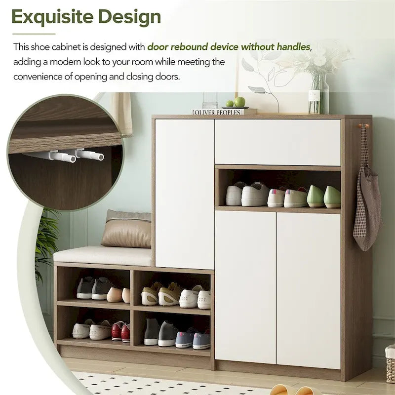 Banc de rangement pour chaussures, 2 places, dessus coussin gris foncé / blanc, peut contenir 15 à 20 paires