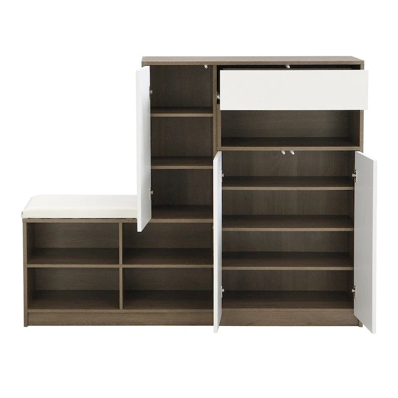 Banc de rangement pour chaussures, 2 places, dessus coussin gris foncé / blanc, peut contenir 15 à 20 paires