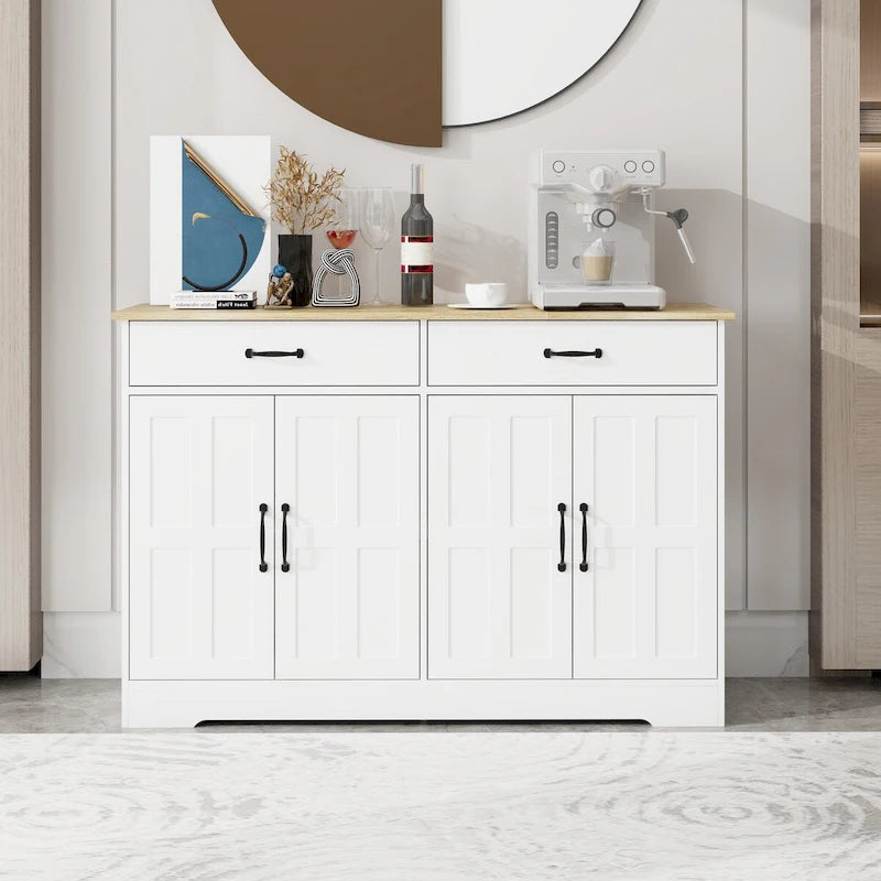 Bahut de ferme blanc et marron – 2 tiroirs et 4 portes, 1 place
