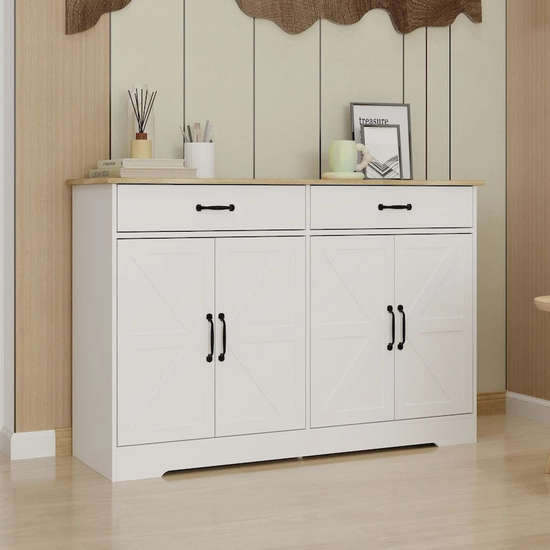 Bahut de ferme blanc et marron – 2 tiroirs et 4 portes, 1 place