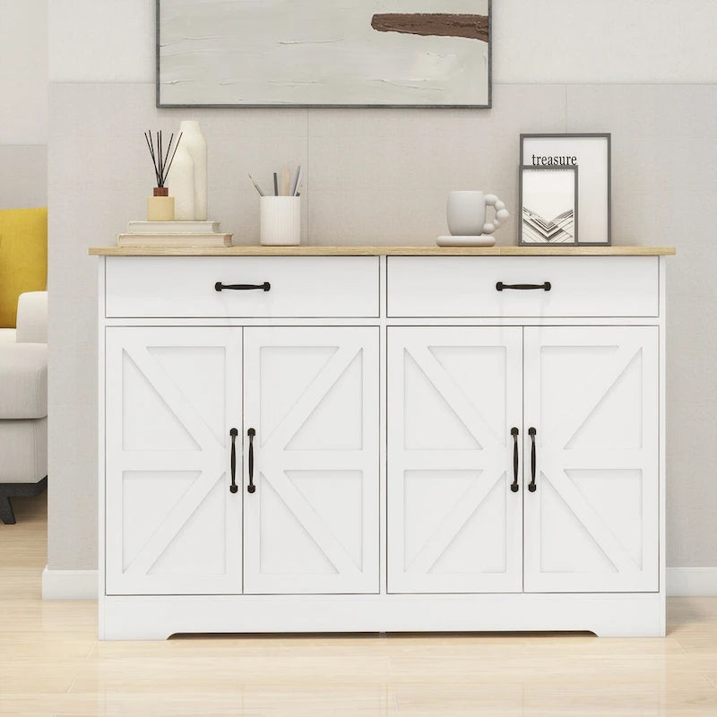 Bahut de ferme blanc et marron – 2 tiroirs et 4 portes, 1 place