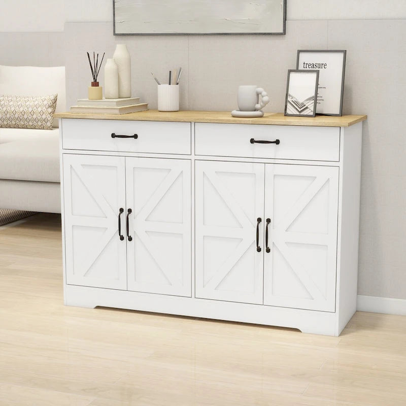 Bahut de ferme blanc et marron – 2 tiroirs et 4 portes, 1 place