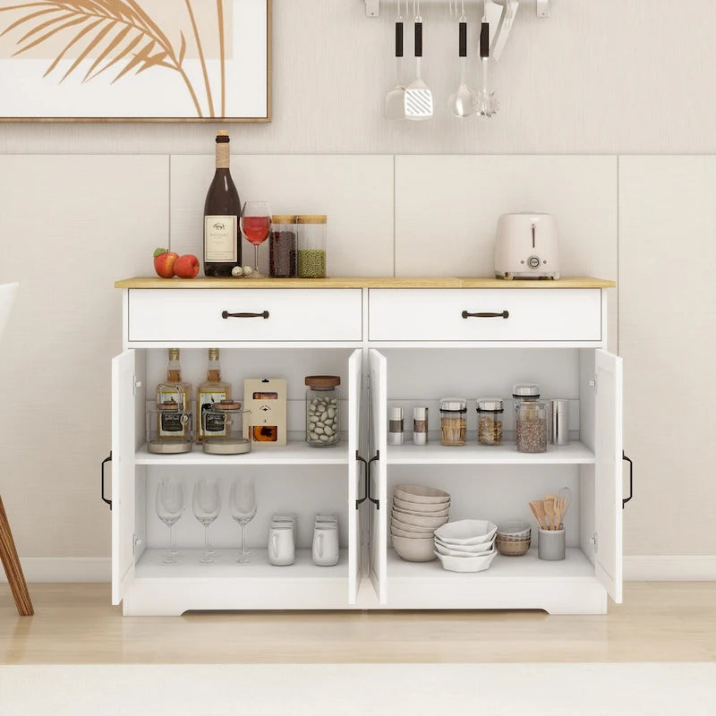 Bahut de ferme blanc et marron – 2 tiroirs et 4 portes, 1 place