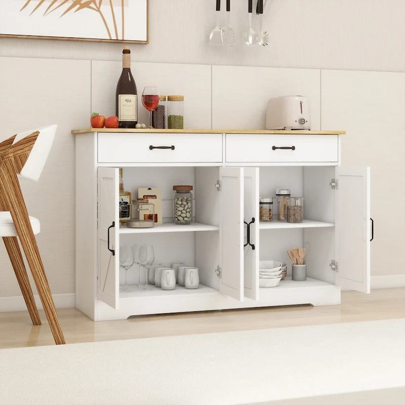 Bahut de ferme blanc et marron – 2 tiroirs et 4 portes, 1 place
