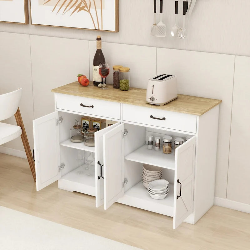 Bahut de ferme blanc et marron – 2 tiroirs et 4 portes, 1 place