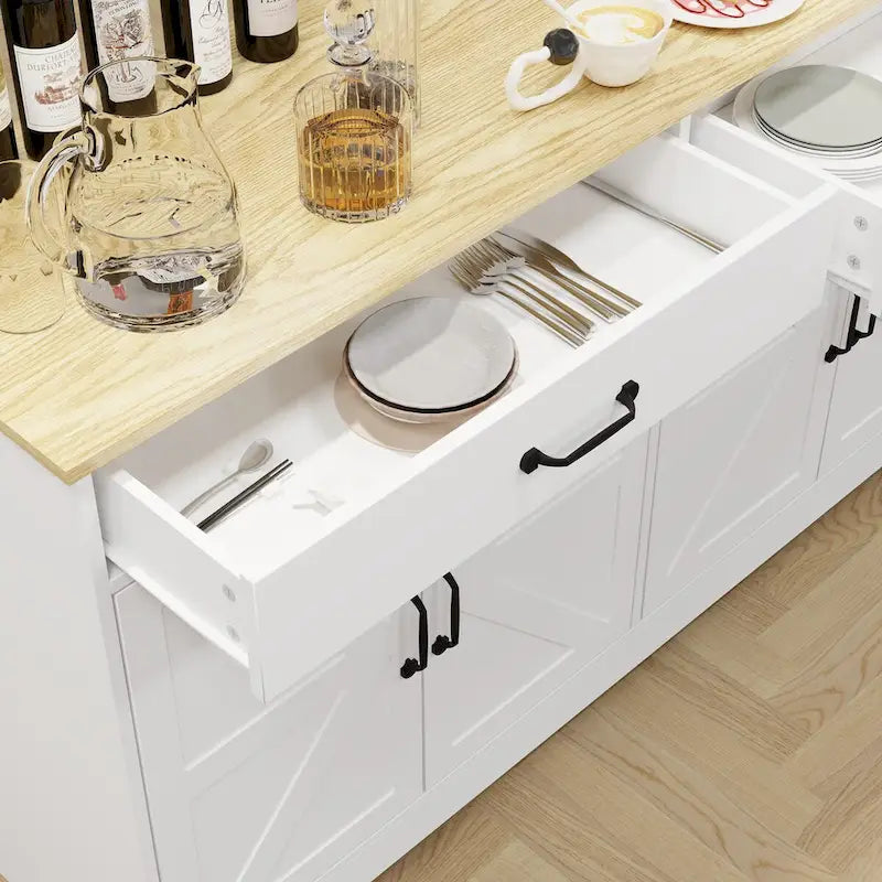 Bahut de ferme blanc et marron – 2 tiroirs et 4 portes, 1 place