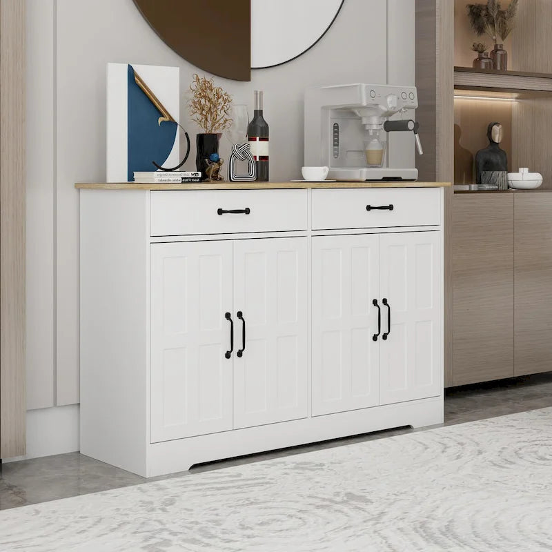 Bahut de ferme blanc et marron – 2 tiroirs et 4 portes, 1 place