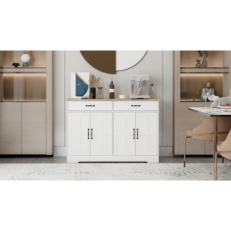 Bahut de ferme blanc et marron – 2 tiroirs et 4 portes, 1 place