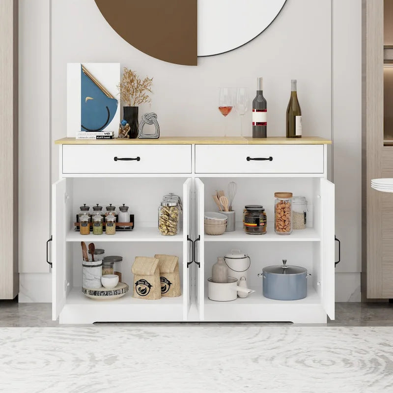Bahut de ferme blanc et marron – 2 tiroirs et 4 portes, 1 place