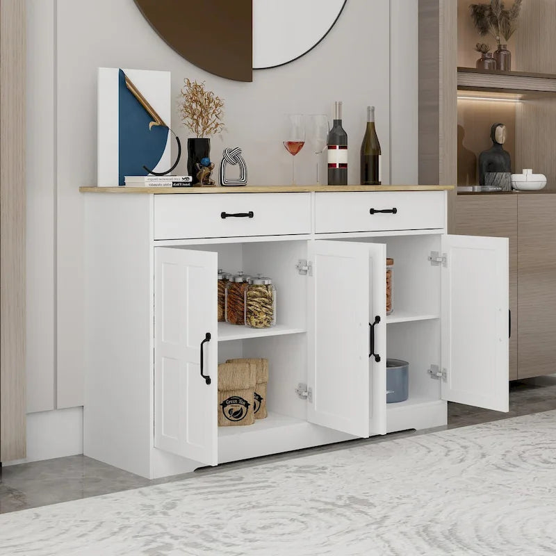 Bahut de ferme blanc et marron – 2 tiroirs et 4 portes, 1 place