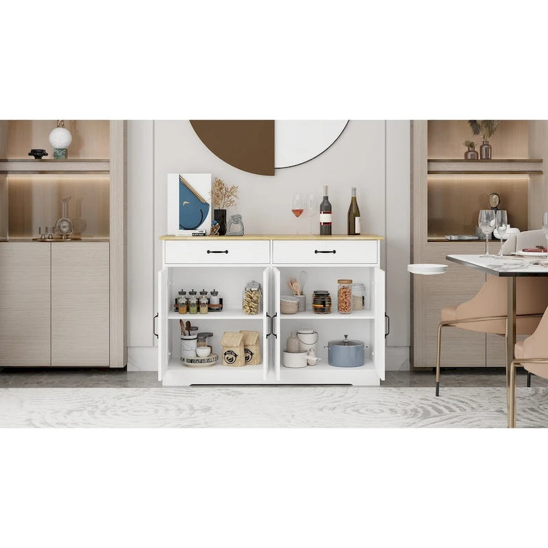 Bahut de ferme blanc et marron – 2 tiroirs et 4 portes, 1 place