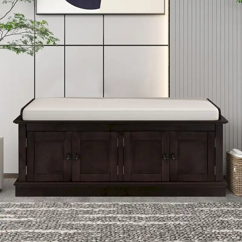 Banc de rangement en bois vintage avec 2 armoires – Gris délavé / Expresso / Bleu marine antique / Blanc, 1 place