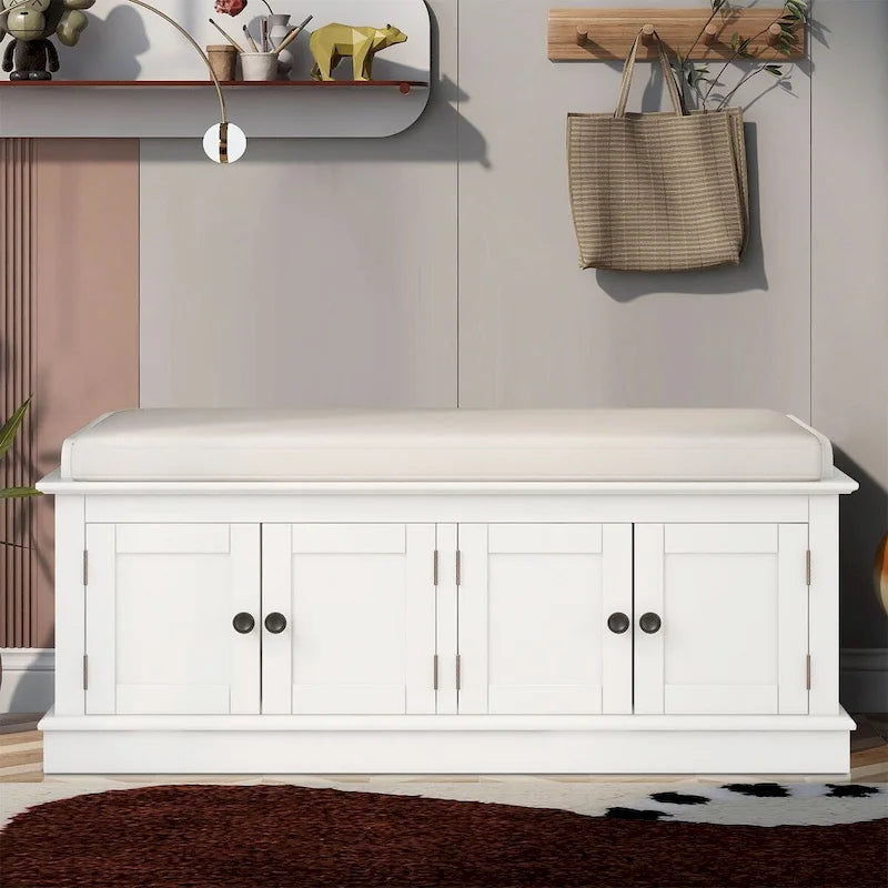 Banc de rangement en bois vintage avec 2 armoires – Gris délavé / Expresso / Bleu marine antique / Blanc, 1 place