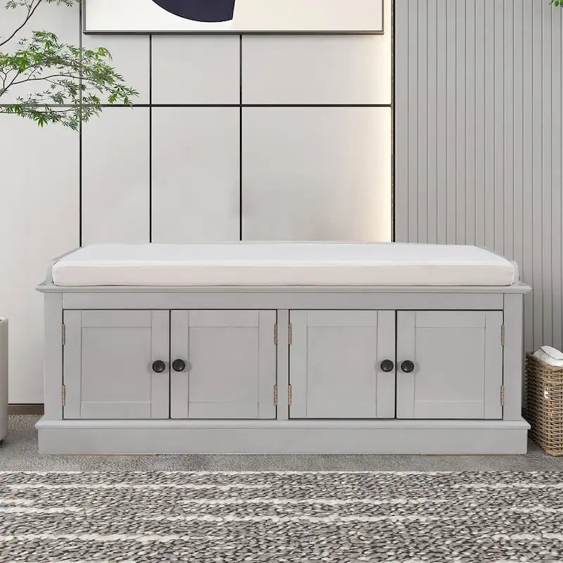 Banc de rangement en bois vintage avec 2 armoires – Gris délavé / Expresso / Bleu marine antique / Blanc, 1 place