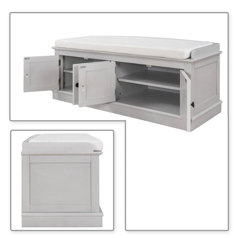 Banc de rangement en bois vintage avec 2 armoires – Gris délavé / Expresso / Bleu marine antique / Blanc, 1 place