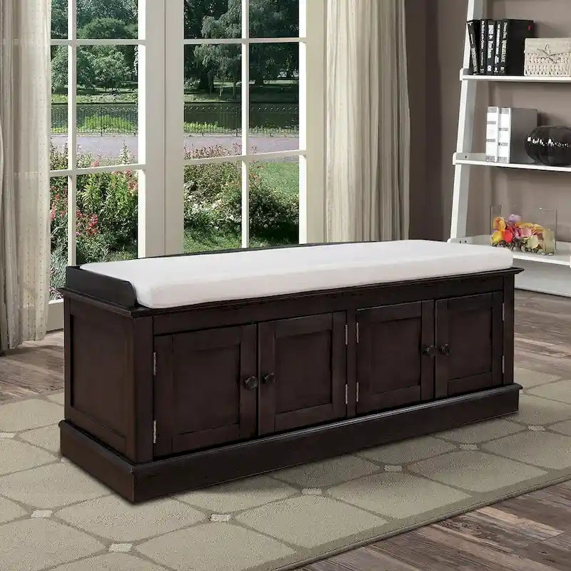 Banc de rangement en bois vintage avec 2 armoires – Gris délavé / Expresso / Bleu marine antique / Blanc, 1 place